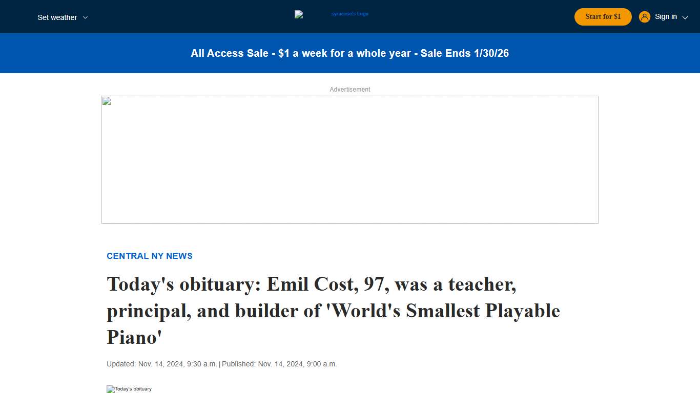 Today's obituary: Emil Cost, 97, was a teacher, principal, and builder of 'World's Smallest Playable Piano' - syracuse.com